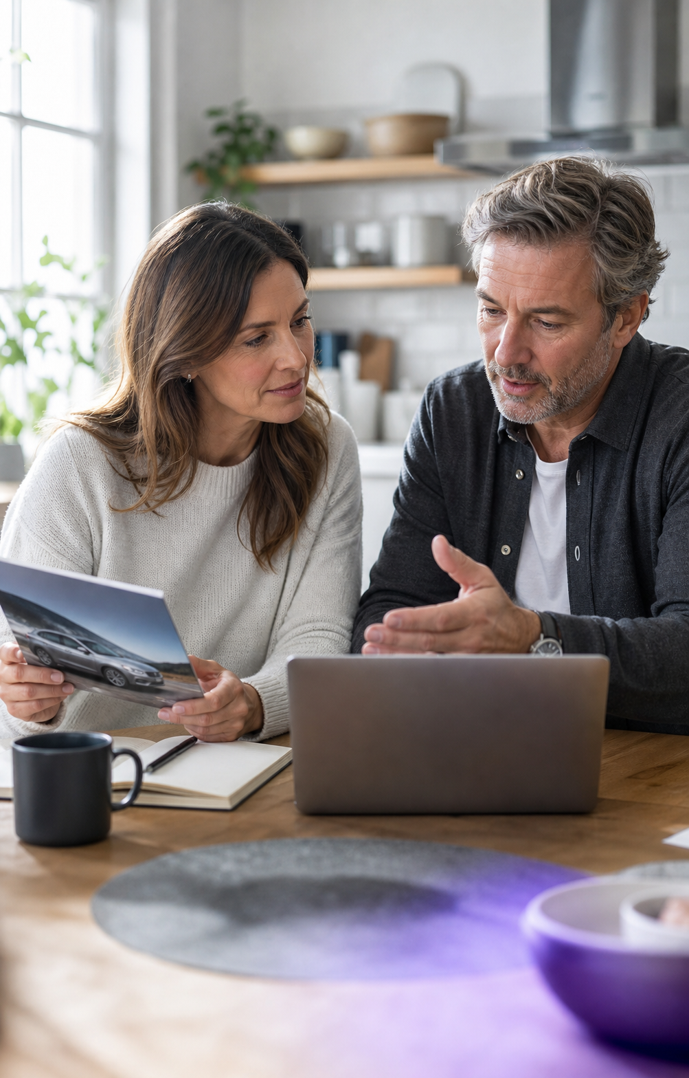 An illustrative couple researching a major car purchase together