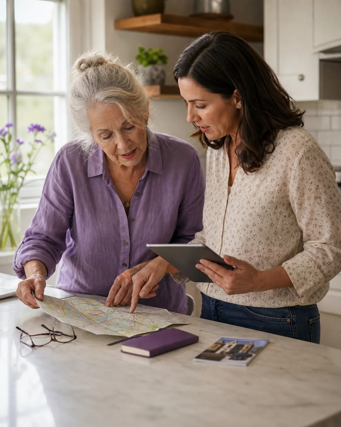 A mother and daughter comparing a map and tablet while planning a trip