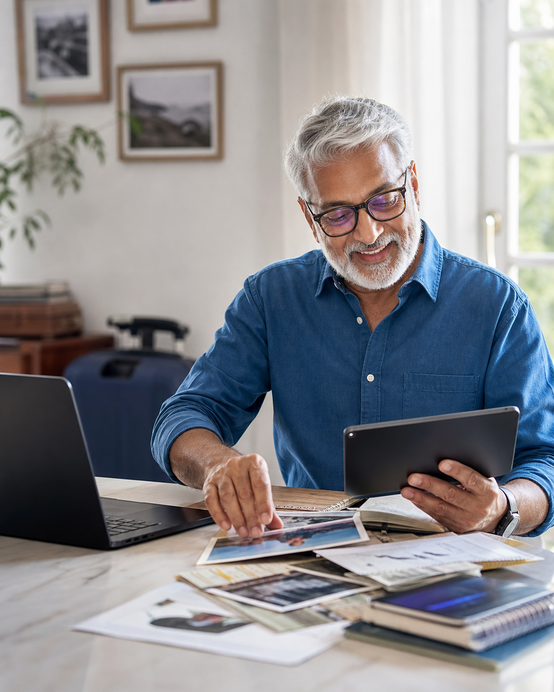 An illustrative older adult sorting photos, documents, and travel plans
