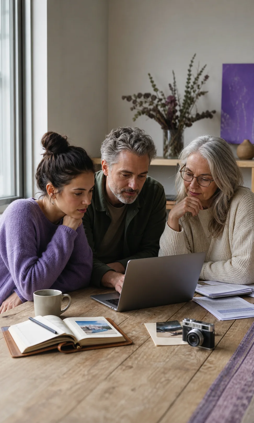 Three generations planning together around a laptop